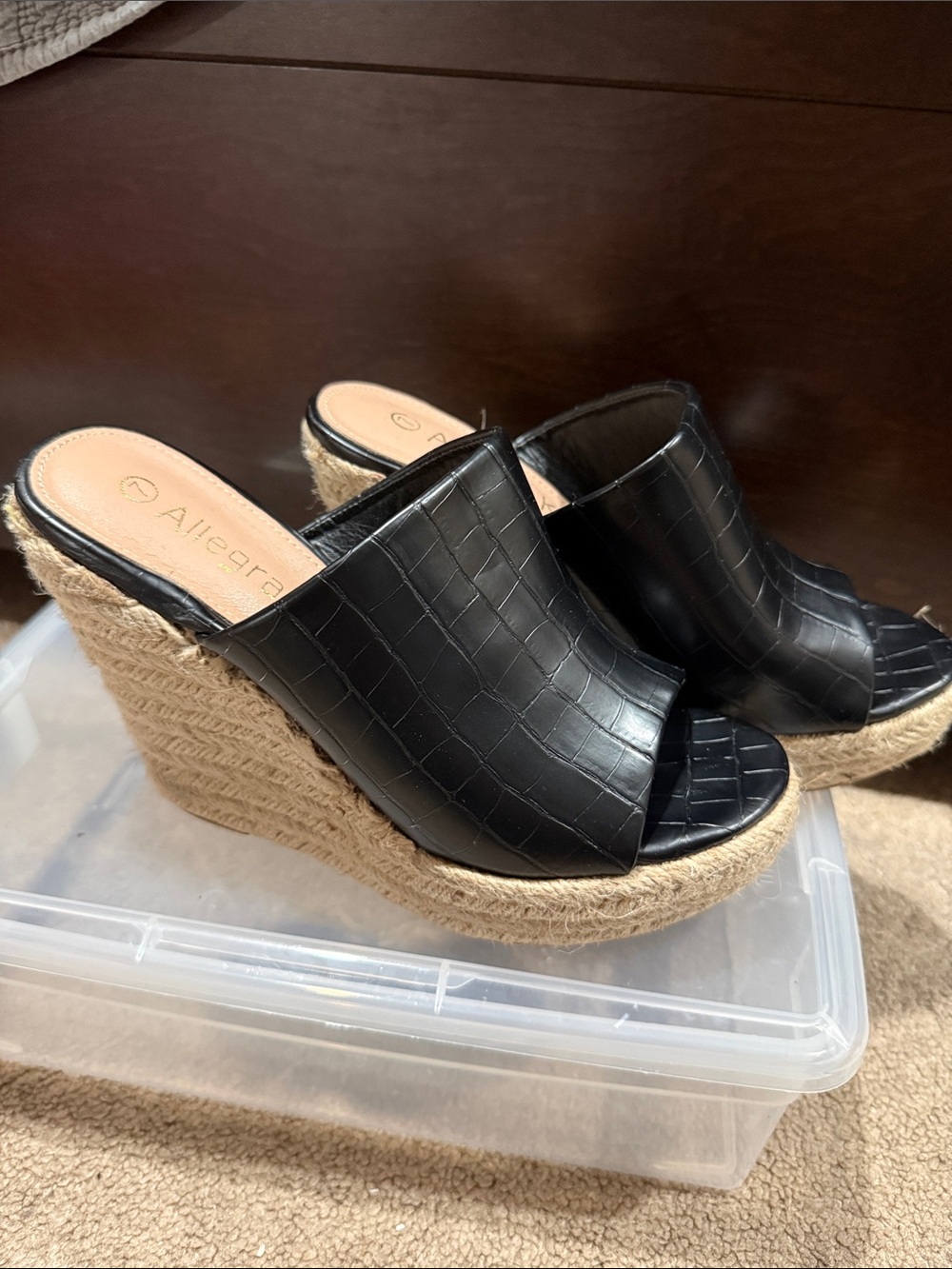 Allegra K Black Croc-Embossed Espadrille Wedge Mules with Braided Platform